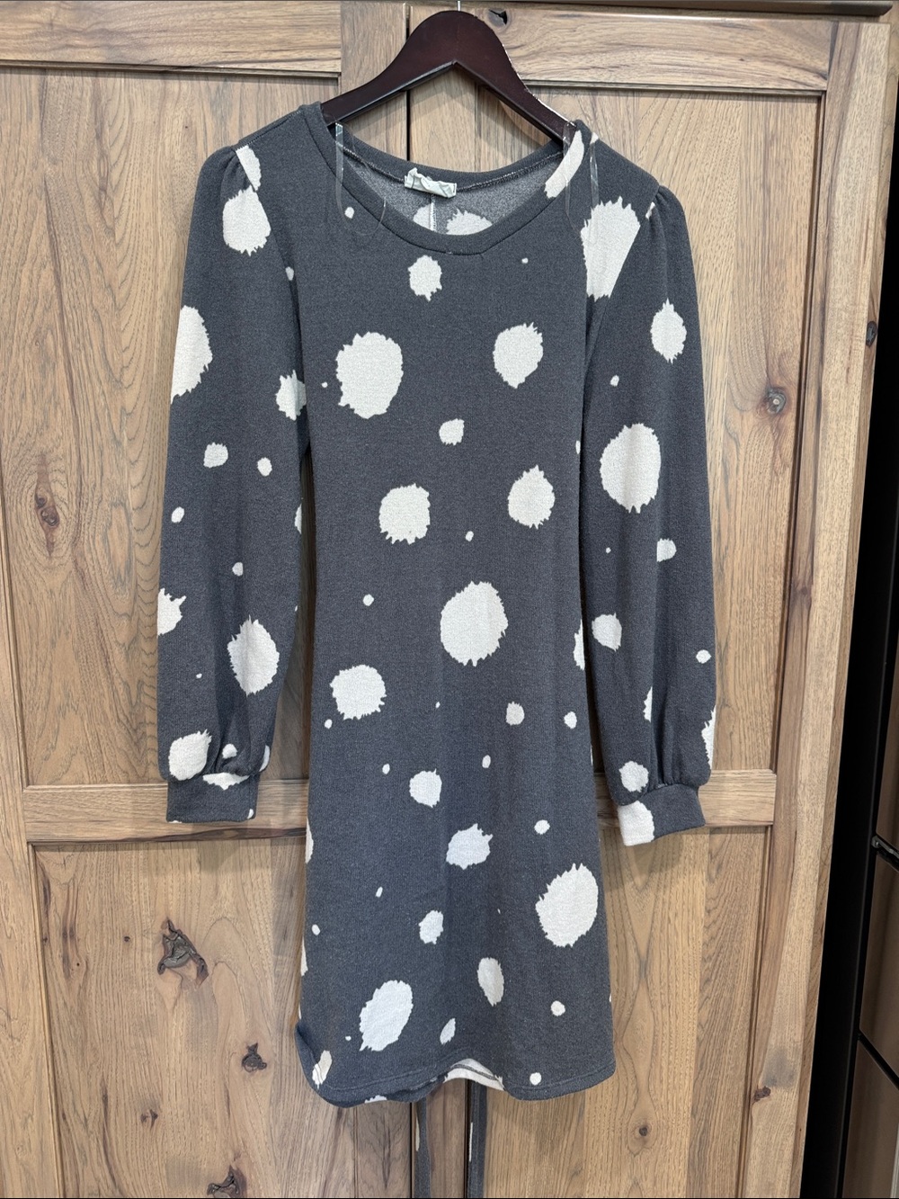 Charcoal Gray Long-Sleeve Dot Knit Dress - Oversized White Spot Print